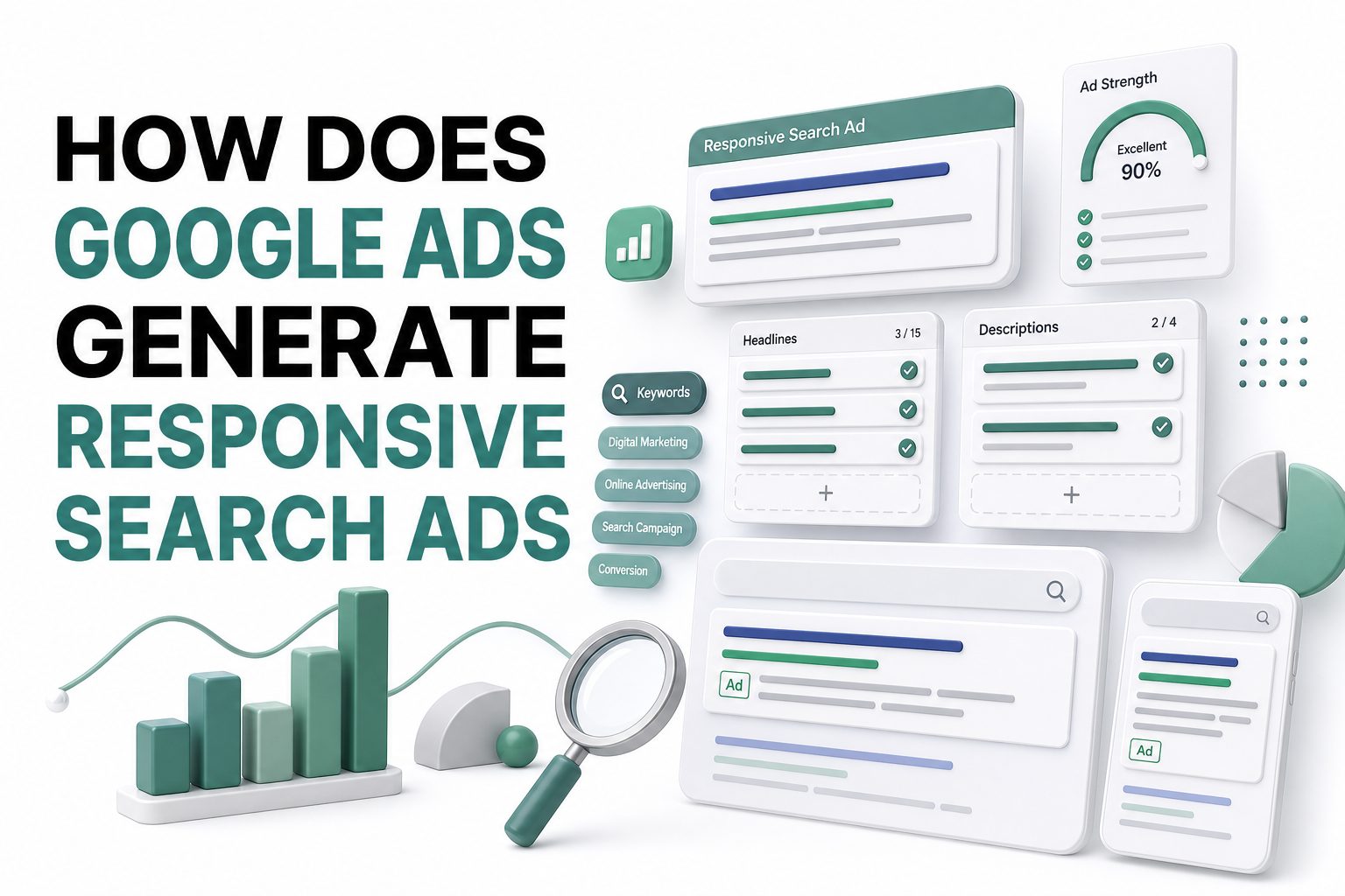 Google Ads interface showing responsive search ad headline and description combinations
