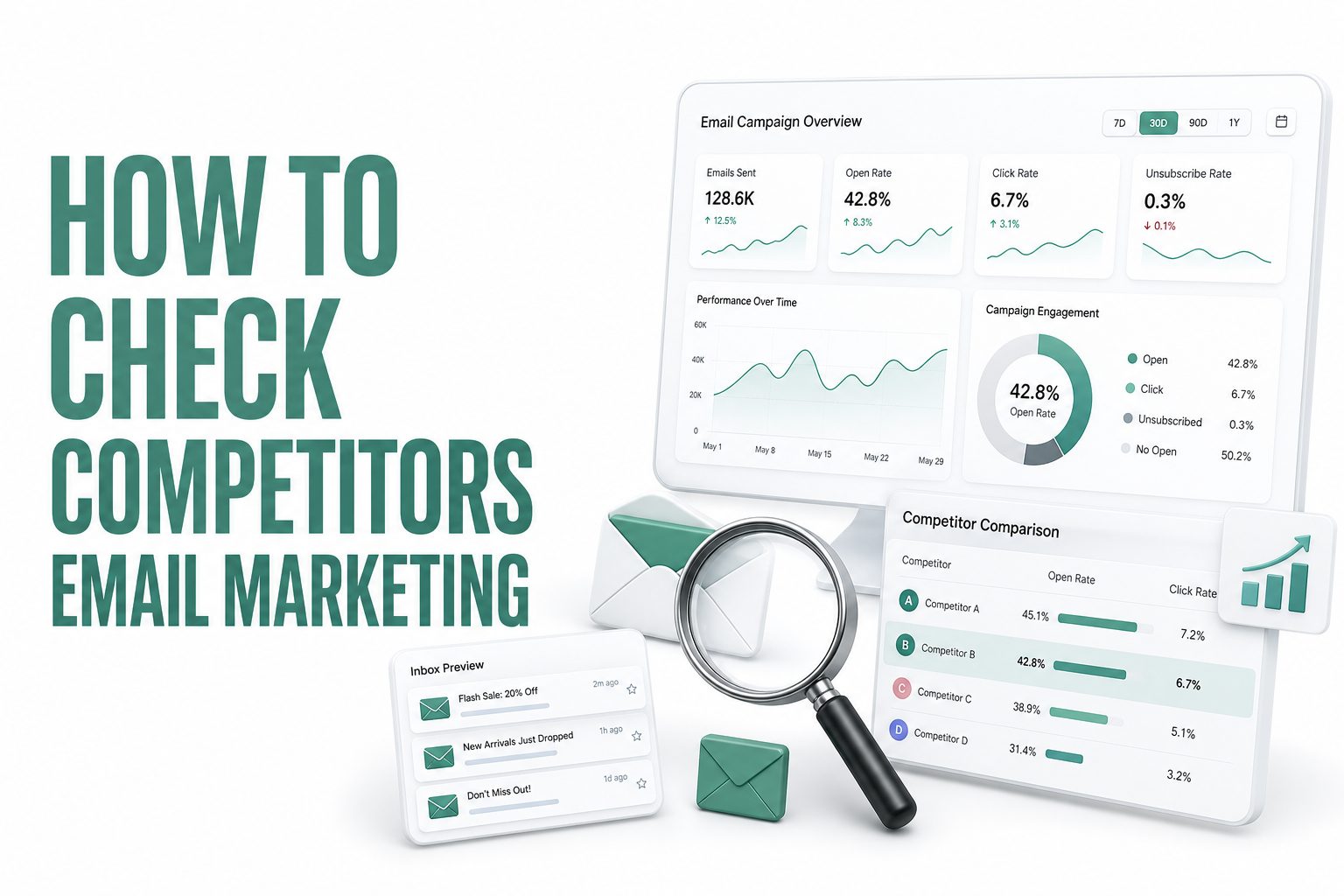 Marketer reviewing competitor email campaigns on a laptop dashboard